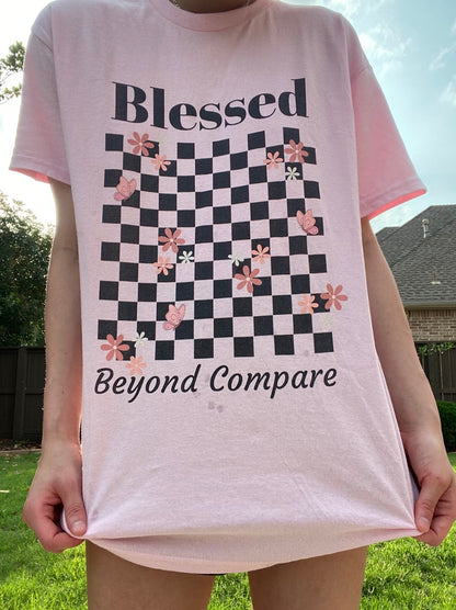 Blessed Beyond Compare Floral Checkerboard Christian T-Shirt