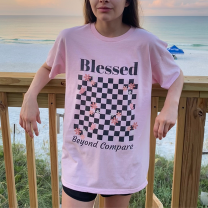 Blessed Beyond Compare Floral Checkerboard Christian T-Shirt