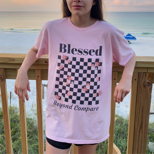 Blessed Beyond Compare Floral Checkerboard Christian T-Shirt